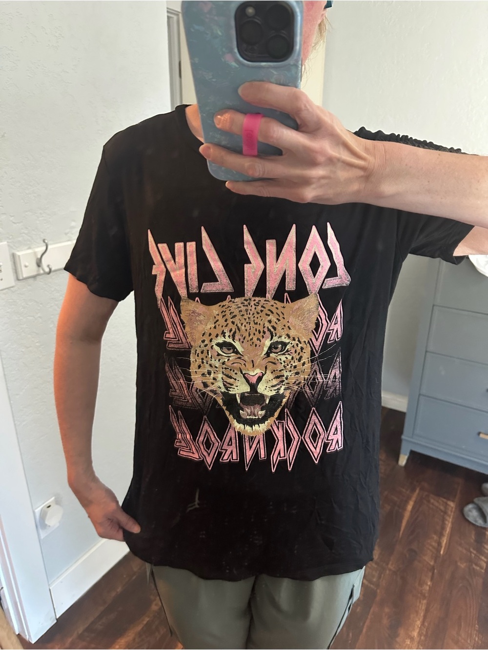 Black Graphic Tee with Leopard Print and Pink Lettering